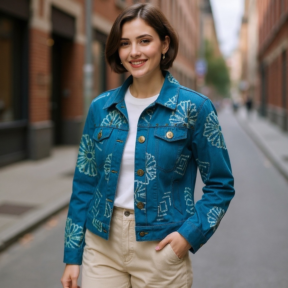 Multiples Turquoise Blue Embroidered Denim Style Jacket with Stud Accents
